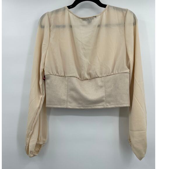 Love X Design Womens Crop Blouse Top Lantern Sleeves V-Neck Tan Beige NEW Medium - Picture 4 of 9